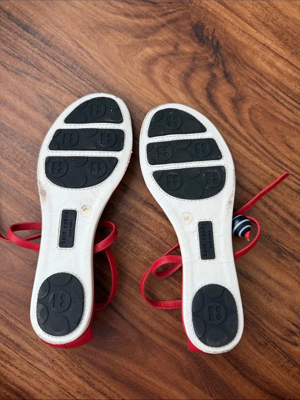 kate spade Red Leather T-Strap Sandals with Navy Accent Charms